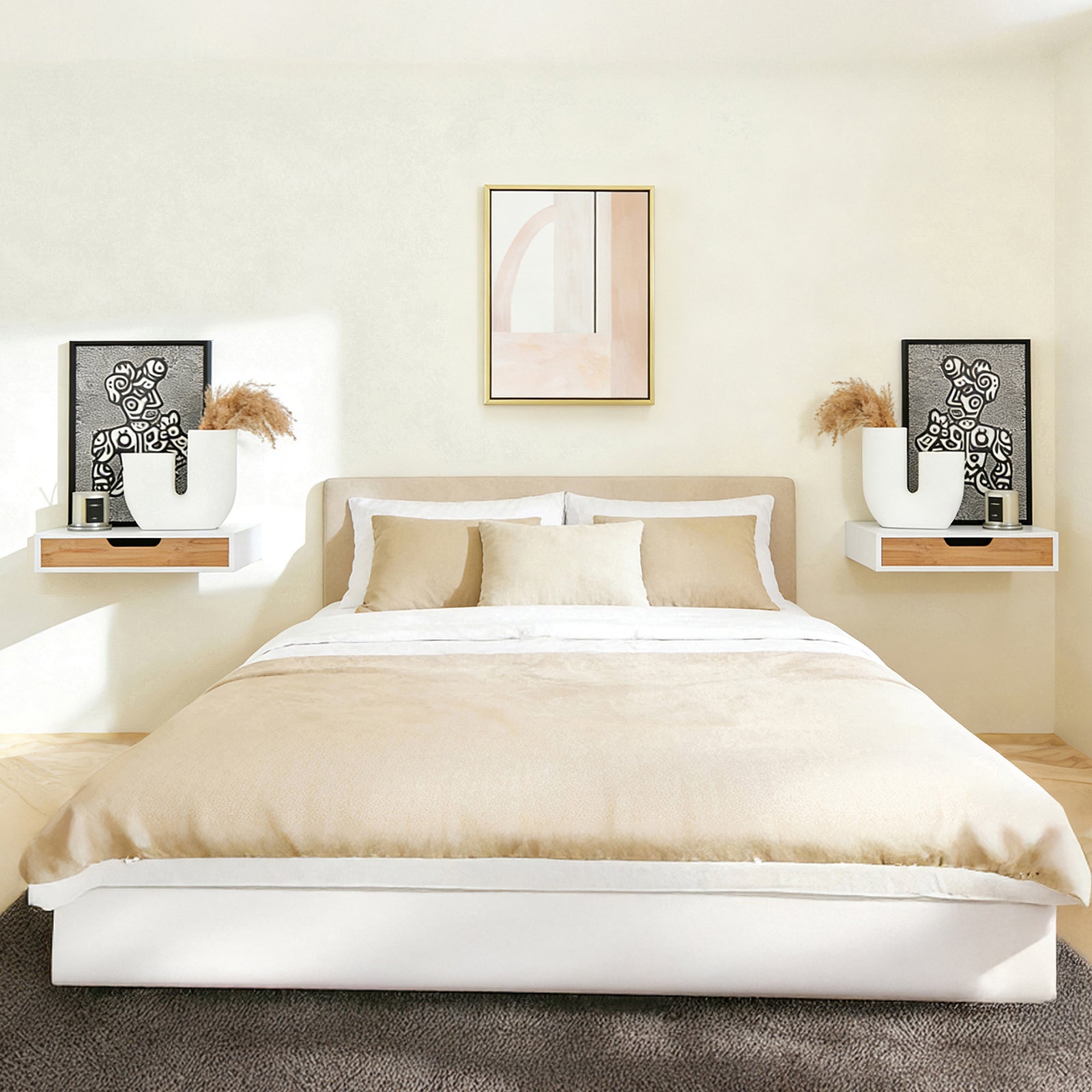 Prévente | SoBuy | Lot de 2 étagères flottantes blanches | Tiroir suspendu | Tiroir mural en bambou | FRG92-WNx2