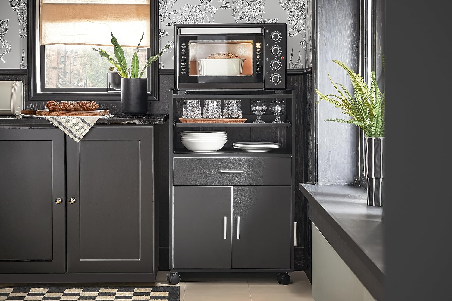 Prevendita | SoBuy | Armadio da cucina | Mobiletto su ruote | con 1 ripiano scorrevole | Nero | FSB09-SCH