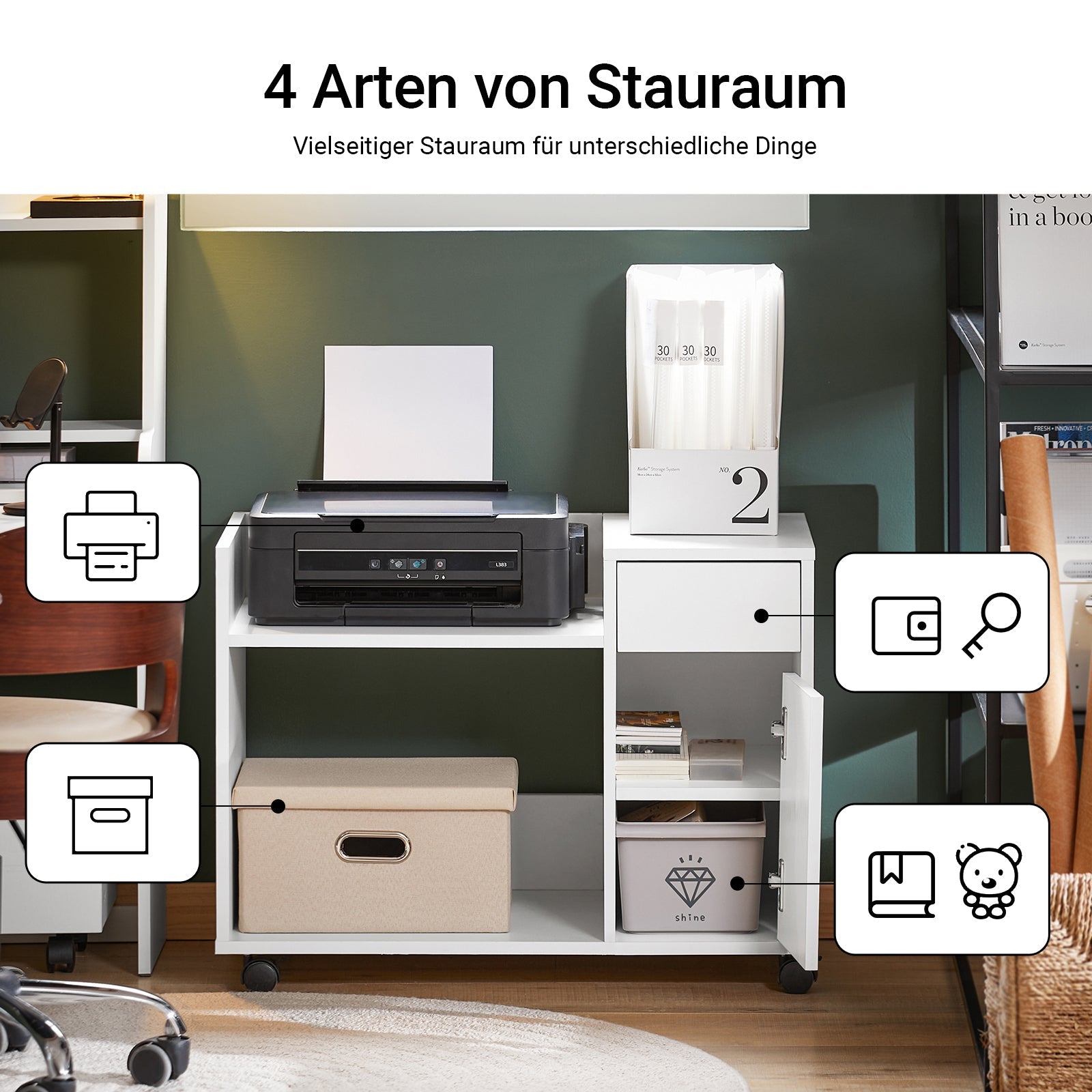 SoBuy | Classificatore | Carrello per schedari | Supporto stampante | Cassettiera su ruote | Bianco | ASK02-W