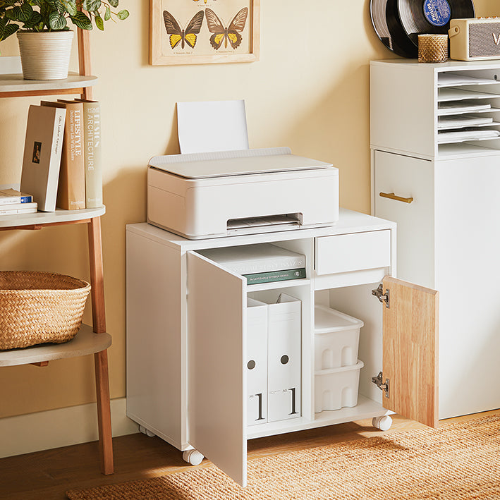 SoBuy | Tavolino da divano con rotelle | comodino | Tavolino | Carrello portaoggetti | Bianco/Naturale | ASK04-WN
