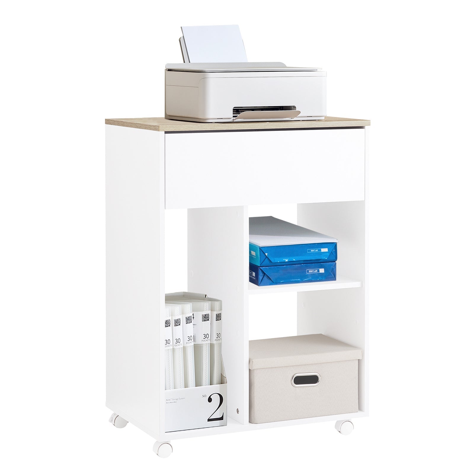 SoBuy | Tavolo per Stampante con Ruote | Supporto per Stampante | Armadietto Portadocumenti | Cassettiera per Ufficio | Bianco | ASK10-WN