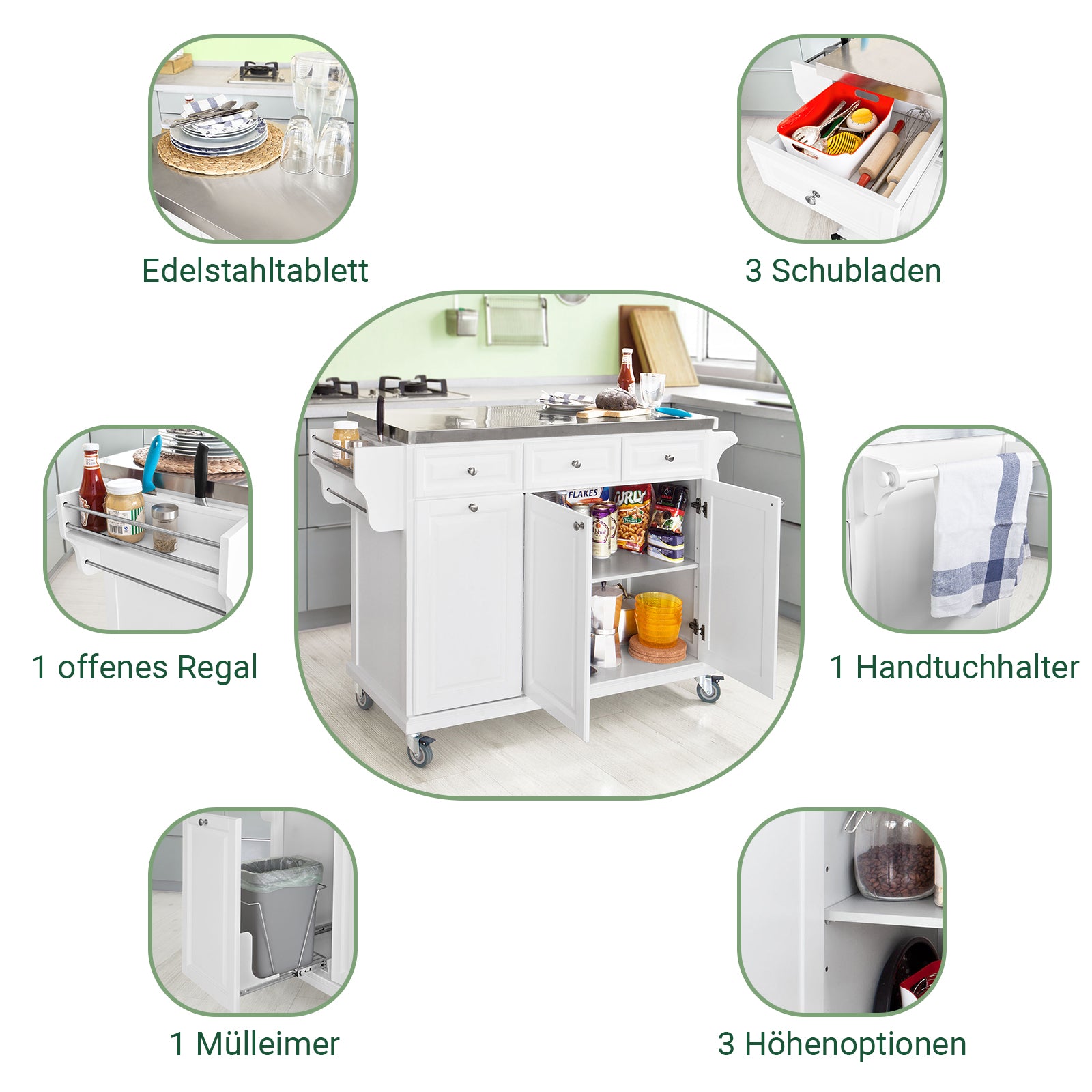 SoBuy | Îlot de cuisine | Desserte de cuisine avec plateau en acier inoxydable | Meuble de cuisine blanc | FKW33-W