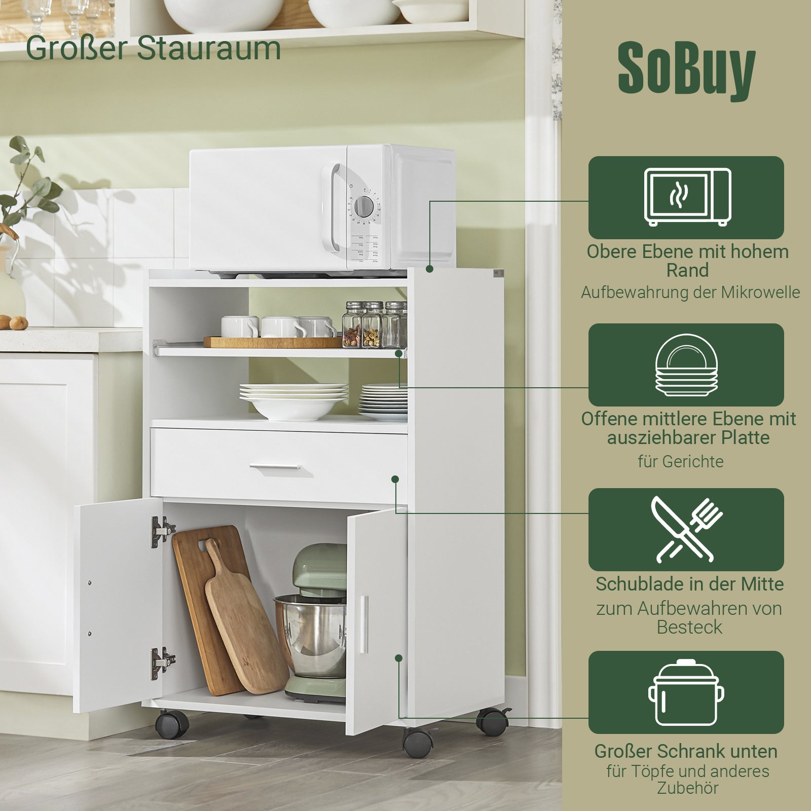 SoBuy | Mobile da Cucina | Mobile per Microonde | Mobiletto con Ruote Bianco | FSB09-W