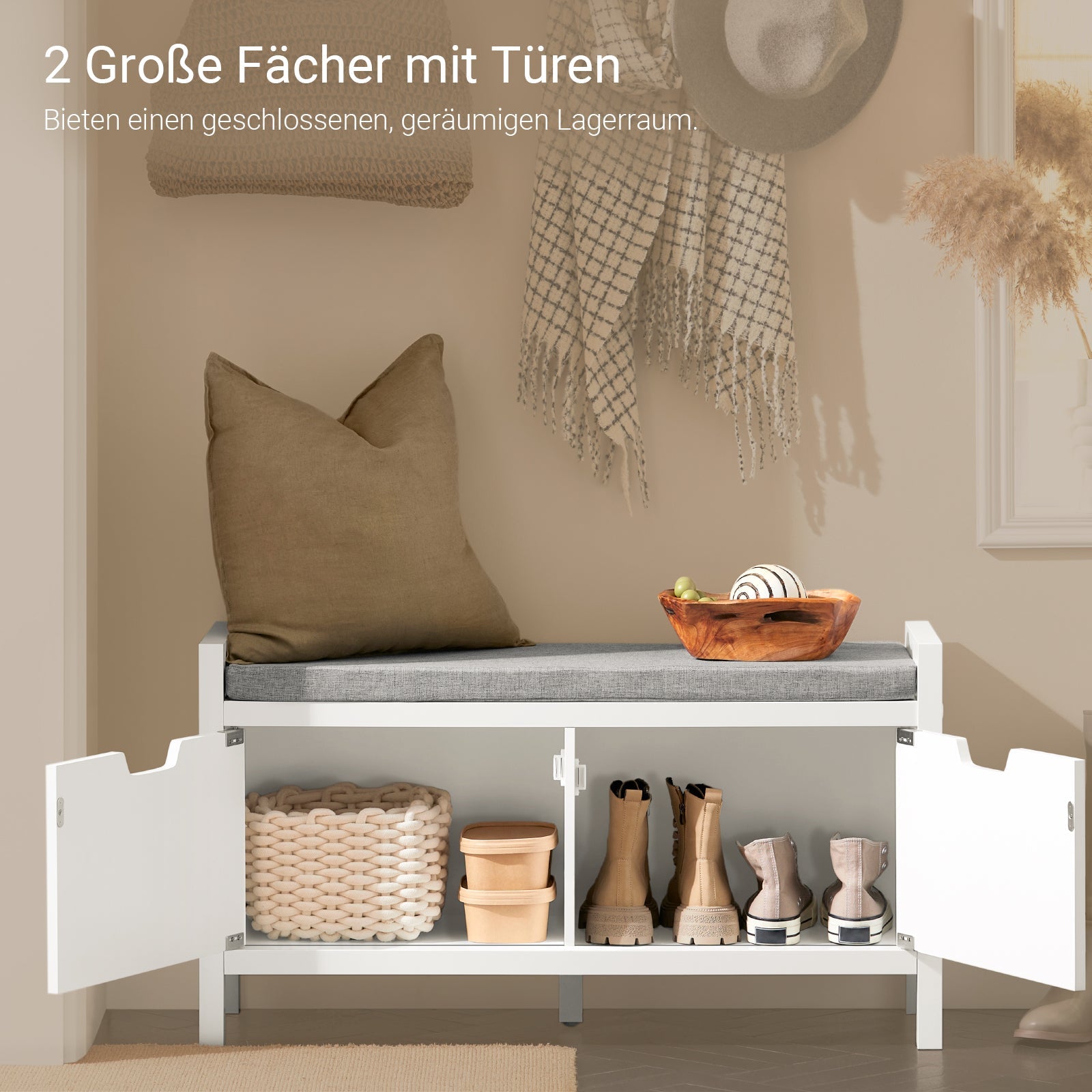 SoBuy | Commode d'entrée | Banc de rangement avec coussin | Meuble à chaussures | Armoire à chaussures | Blanc | FSR63-II-W