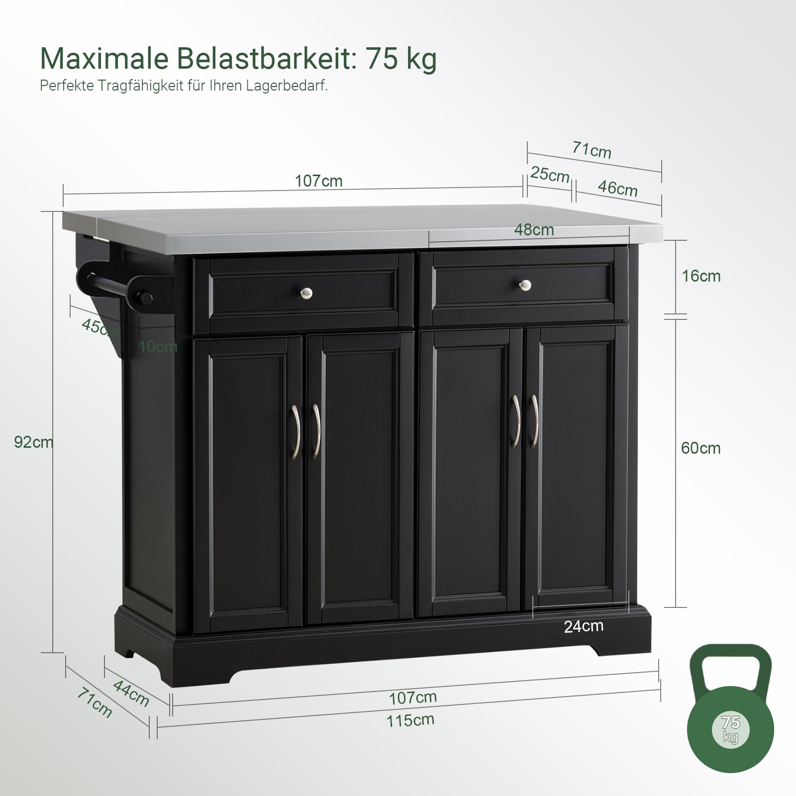 SoBuy | Isola da Cucina | Carrello da Cucina con Piano di Lavoro Estensibile | Armadietto da Cucina Nero | FKW71-SCH