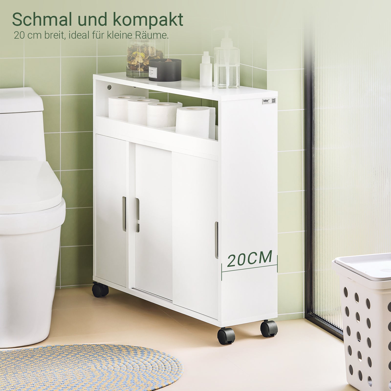 SoBuy | Meuble de Rangement à Roulettes | Colonne de Rangement Salle de Bain | Meuble de Salle de Bain Blanc | BZR02-W