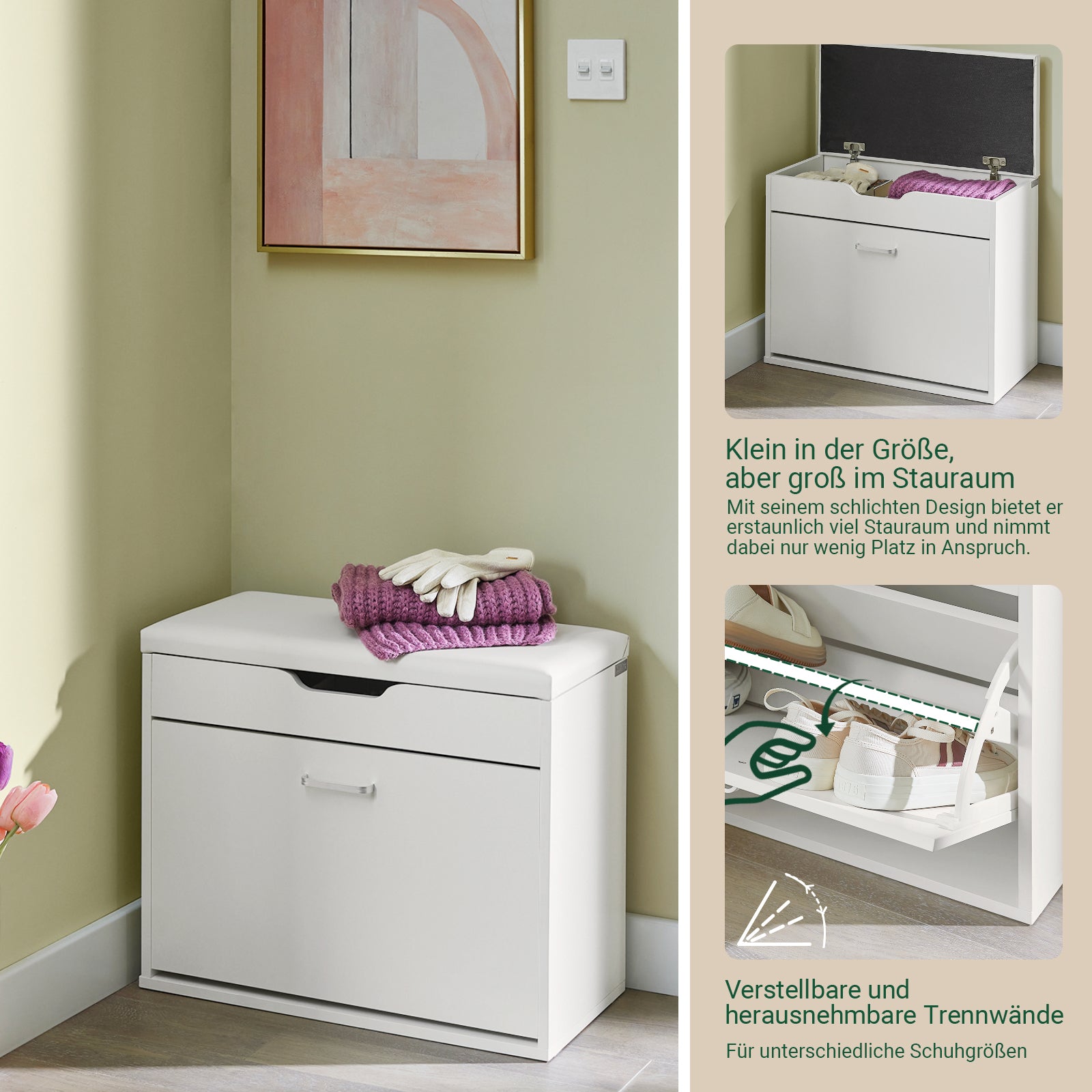 Vorverkauf | SoBuy | Schuhkipper | Schuhbank mit Sitzkissen | Sitzbank | Weiß | 60x50x30cm | FSR95-W