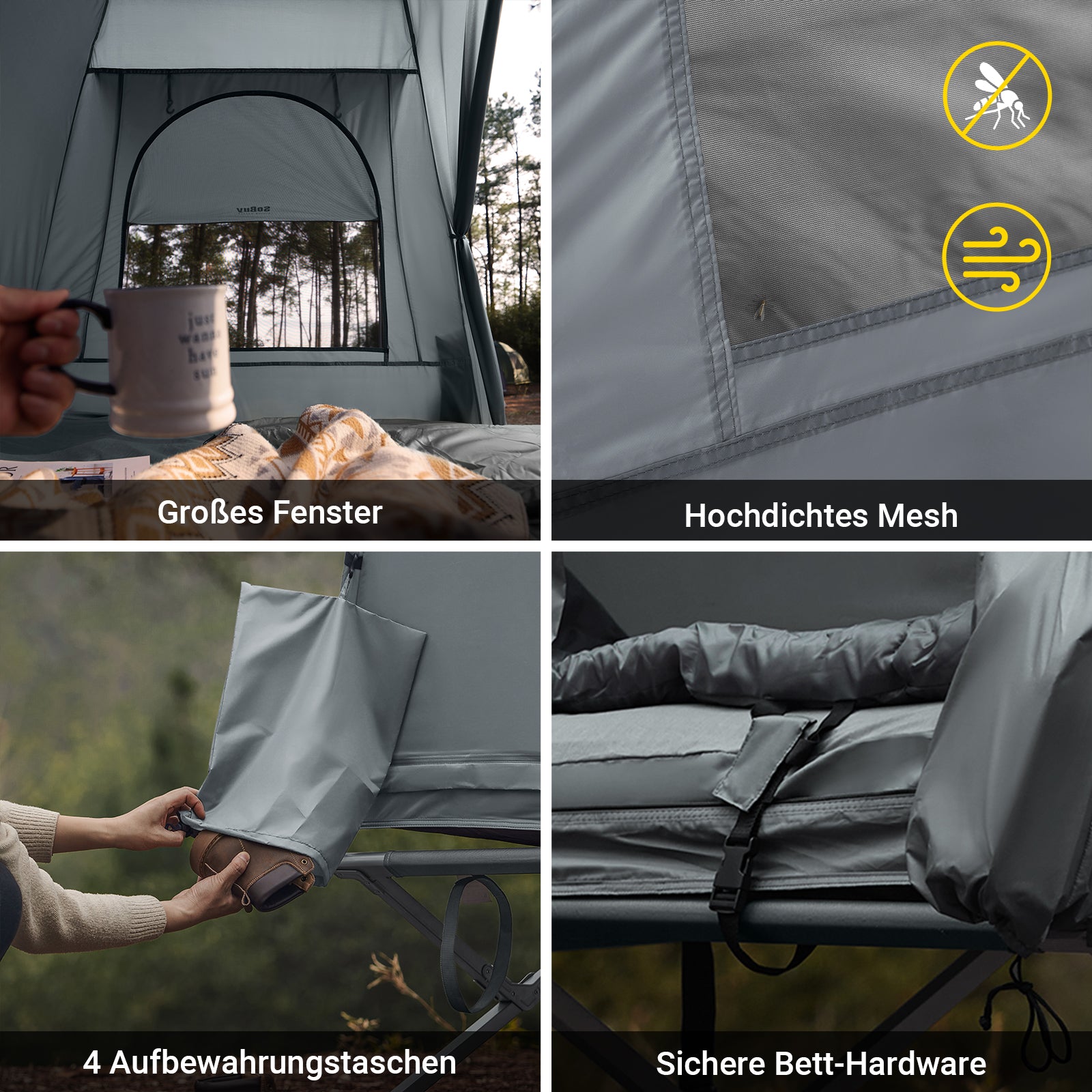 SoBuy | 7in1-Zelt Campingzelt | 2 Personen | Outdoor | Feldbett Hellgrau | 193x188x145cm | OGS32-L-HG