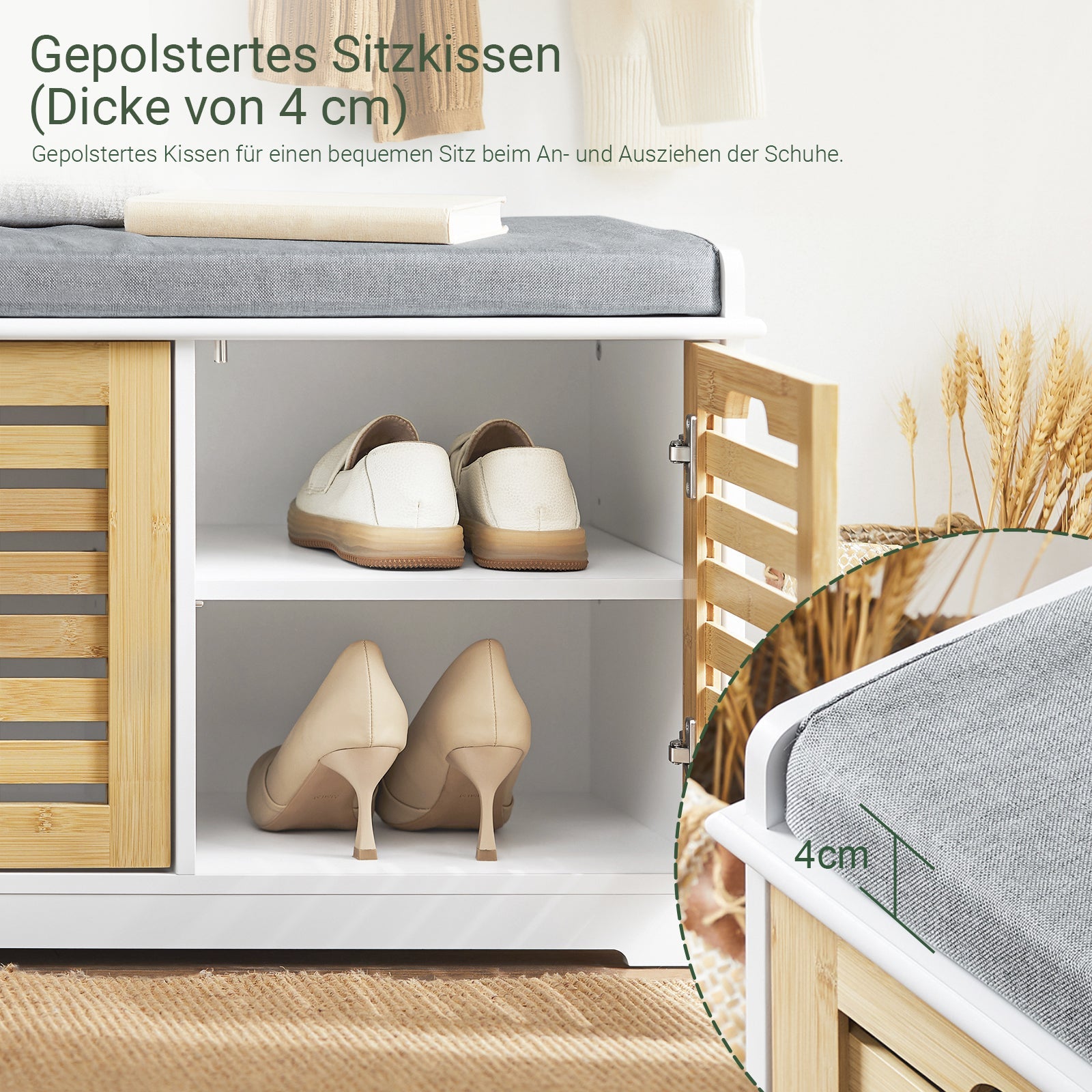 SoBuy | Scarpiera con sedile | Panca contenitore con 2 ante | Cassapanca portadocumenti | Bianco-Naturale | FSR23-II-WN