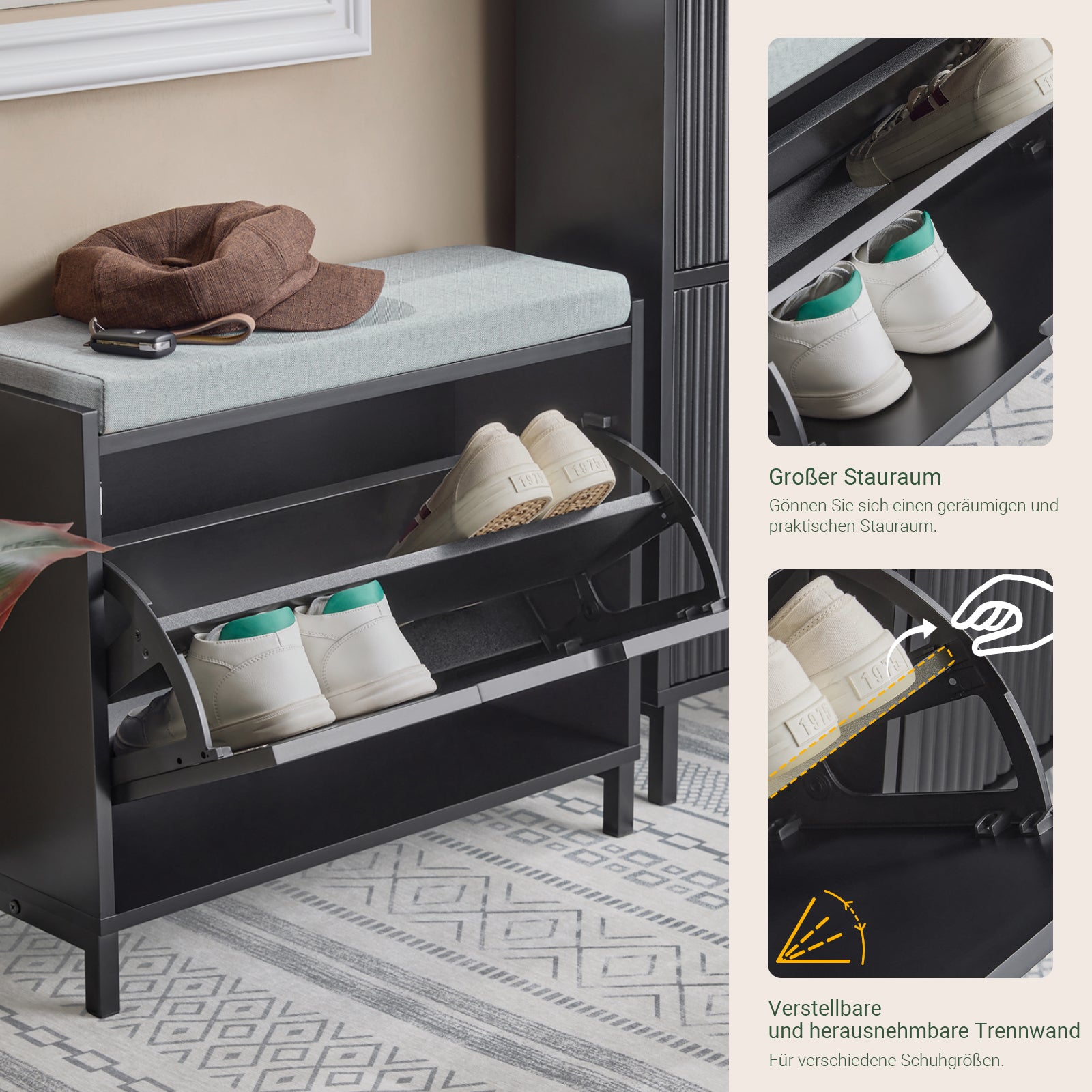 SoBuy | Meuble à chaussures à 1 rabat | Meuble à chaussures étroit | Coffre à chaussures | Noir | FSR151-K-SCH