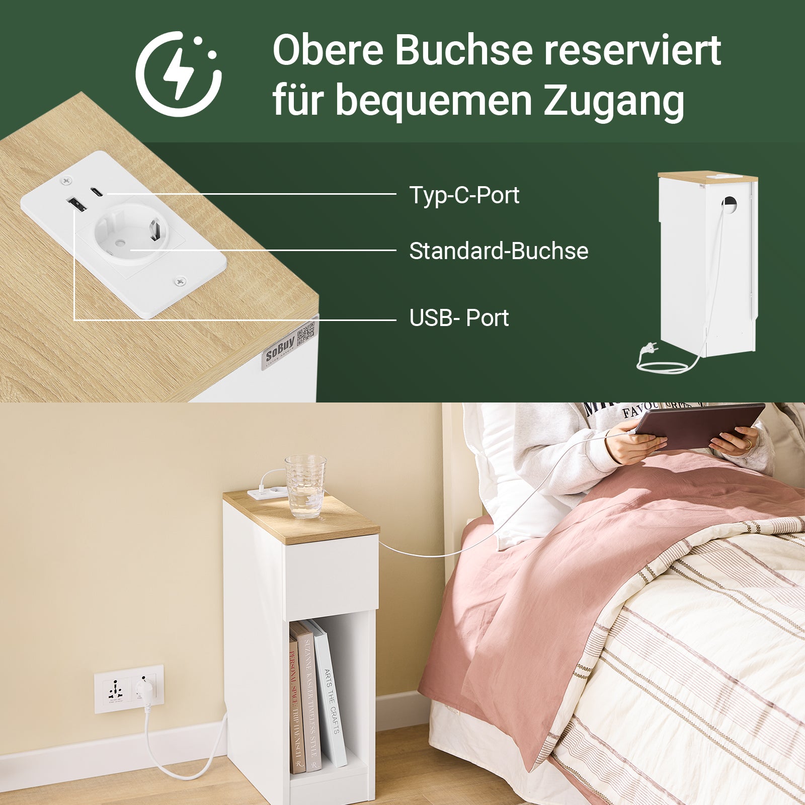 SoBuy | 2er Set Nachttisch schmal mit Ladestation | Weiß-Natur | 20x60x35cm | FBT111-E-WNx2