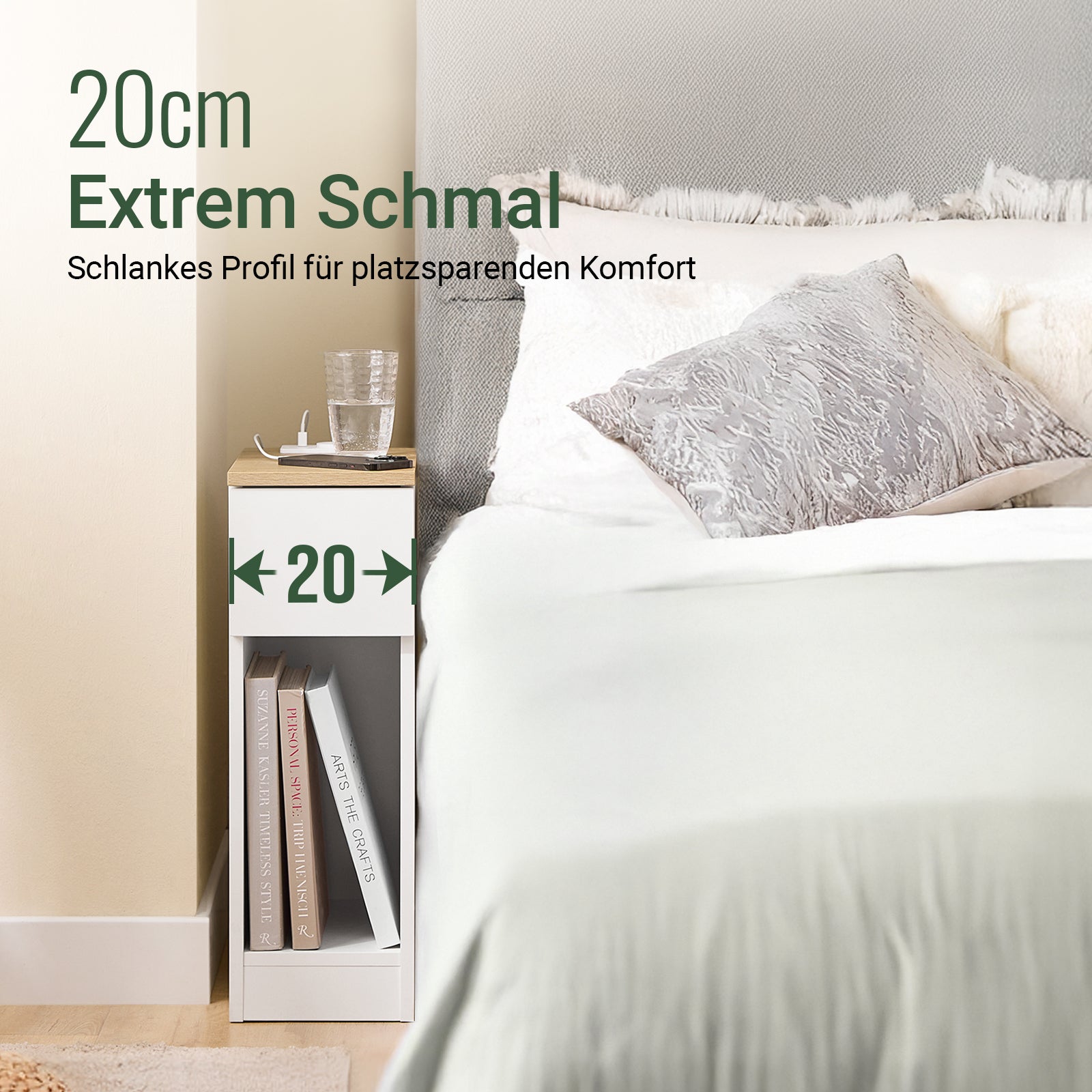SoBuy | 2er Set Nachttisch schmal mit Ladestation | Weiß-Natur | 20x60x35cm | FBT111-E-WNx2