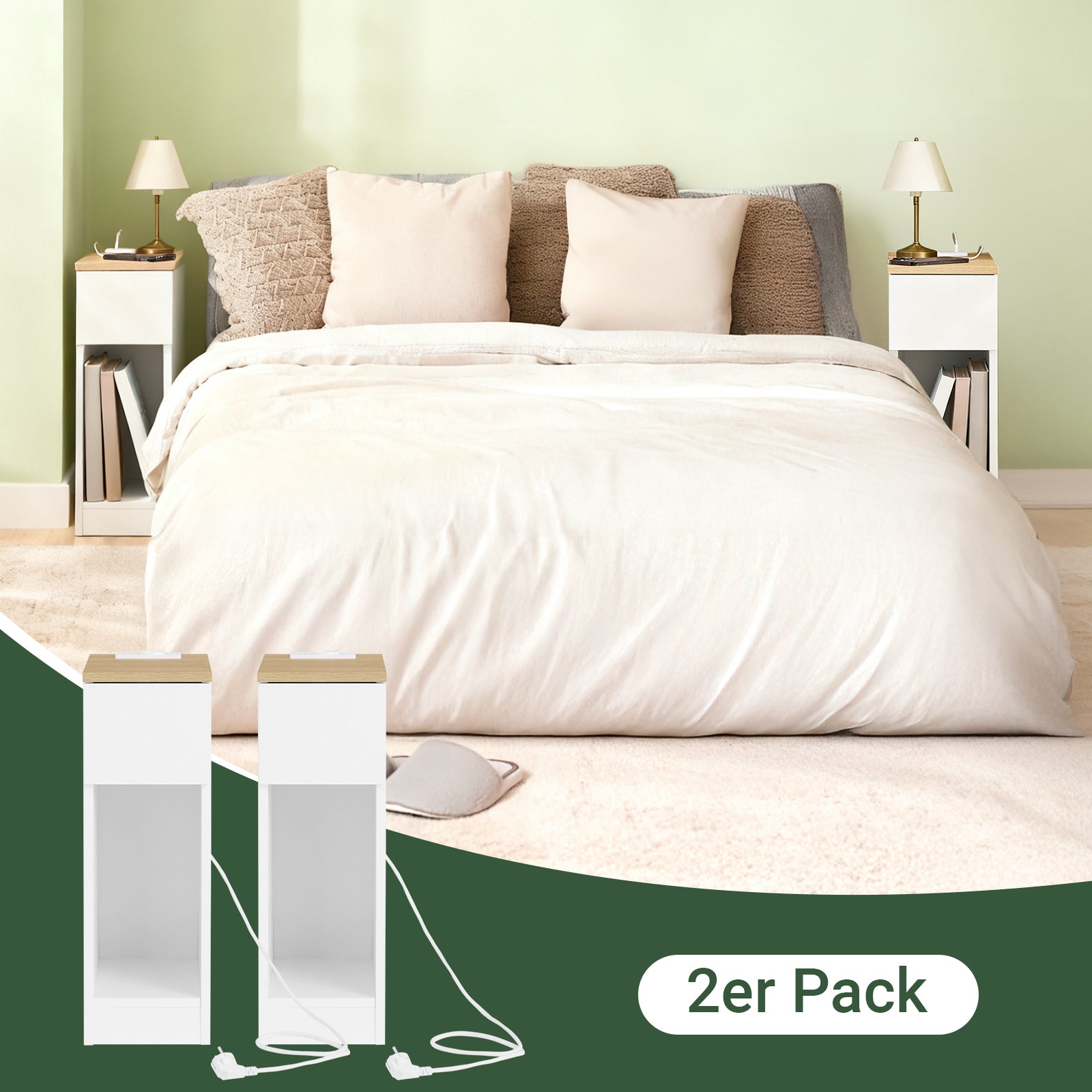 SoBuy | 2er Set Nachttisch schmal Nachtschrank mit Ladestation | Weiß-Natur | 20x60x35cm | FBT111-E-WNx2