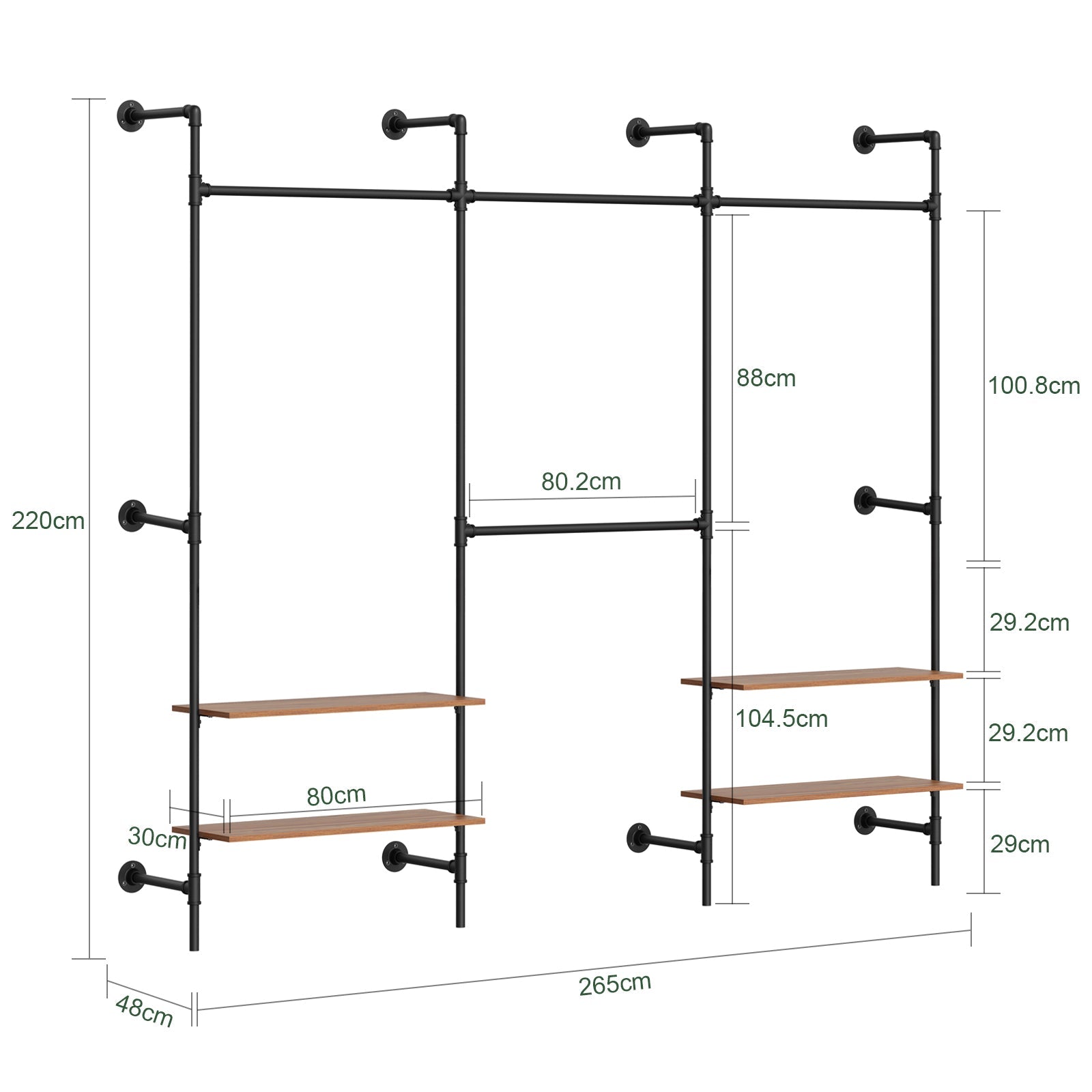 SoBuy Kleiderstange Wandmontage mit 4 MDF Regalböden 120kg Tragkraft Schwarz KLS19-SCH