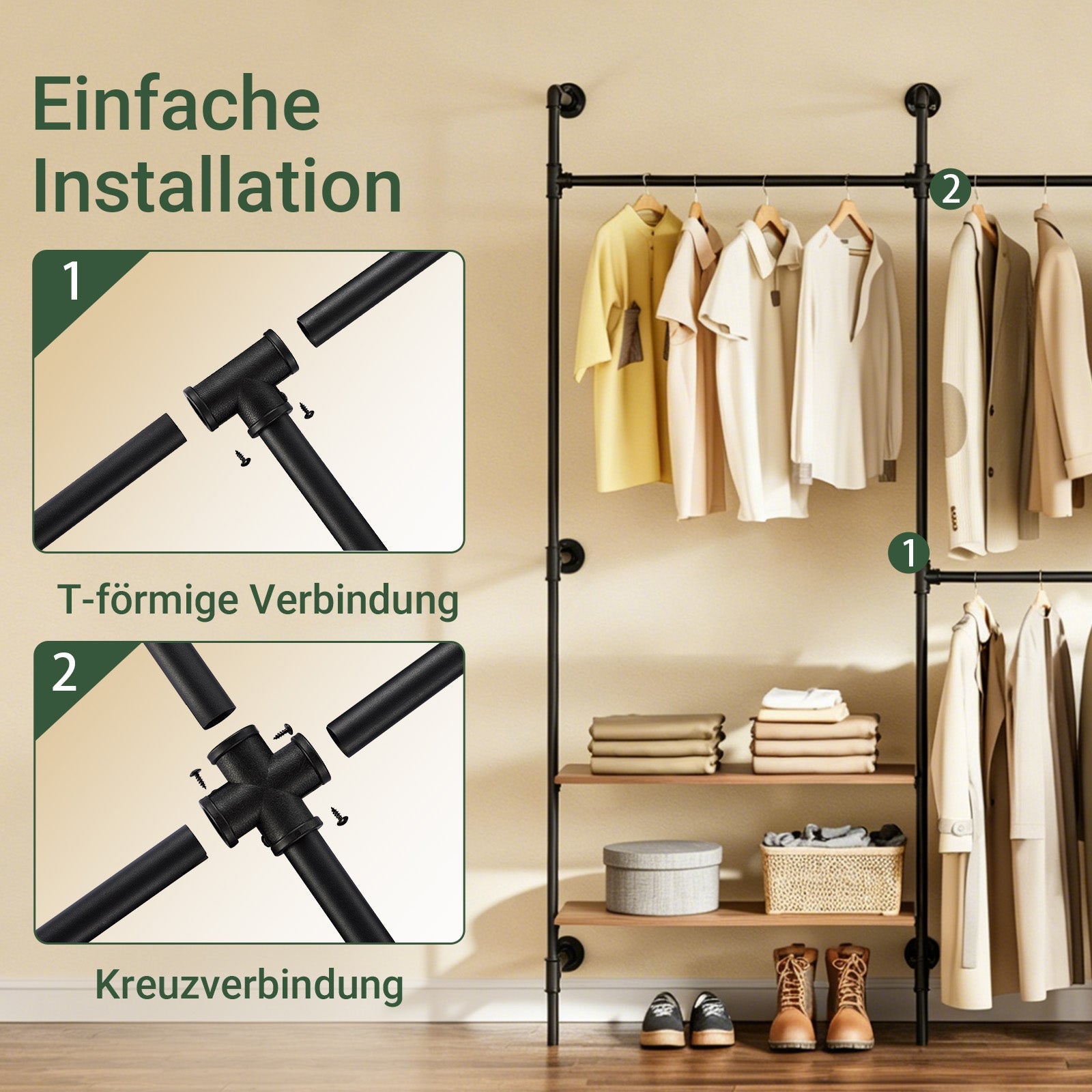 SoBuy Kleiderstange Wandmontage mit 4 MDF Regalböden 120kg Tragkraft Schwarz KLS19-SCH