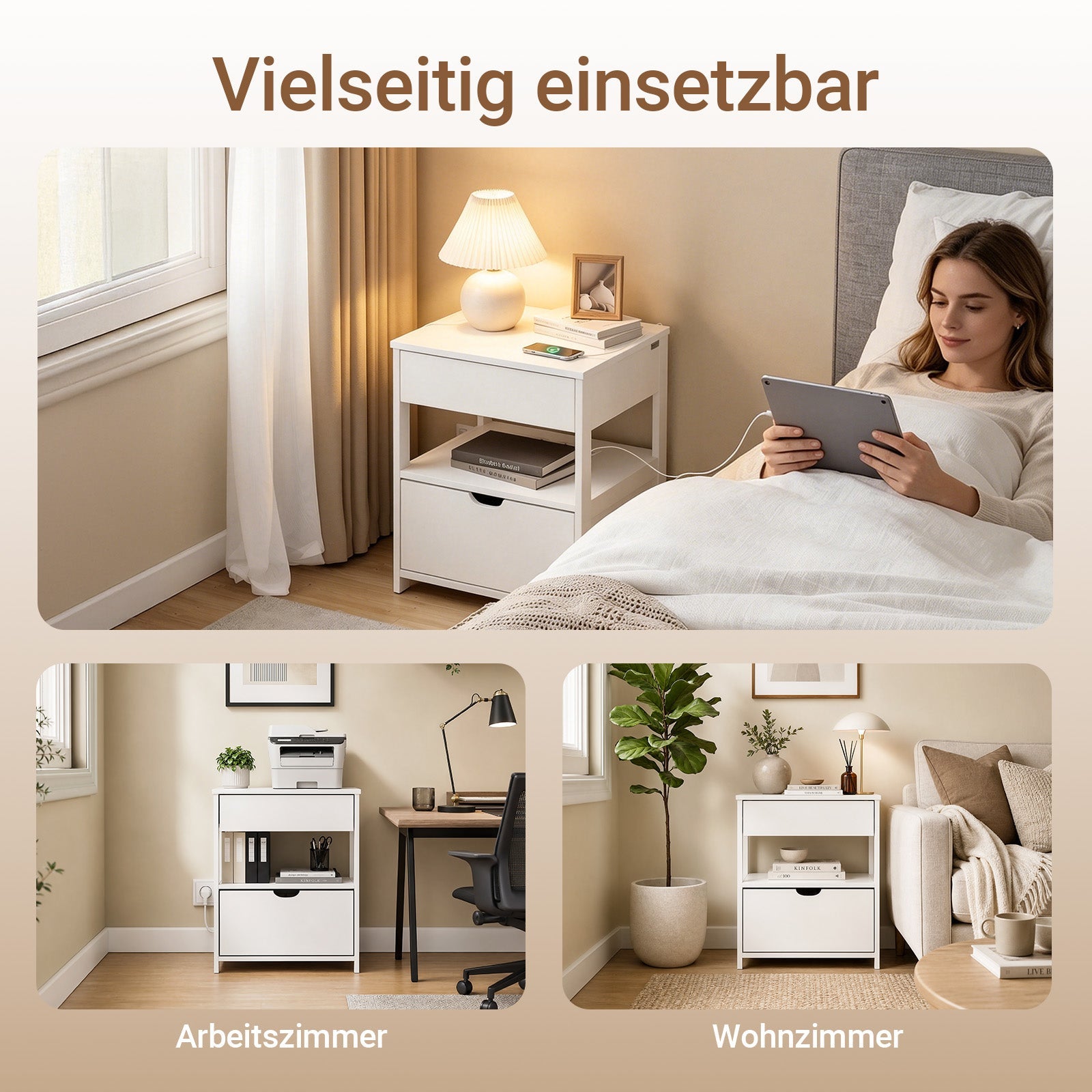 SoBuy Nachttisch mit 4-in-1 Ladefunktion Weiß 45x38x55,5 cm FRG258-II-E-W