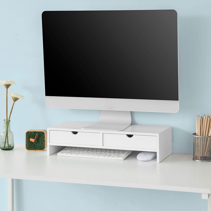 SoBuy | Supporto per monitor rialzato | Supporto per monitor con cassetti | Bianco | BBF02-W