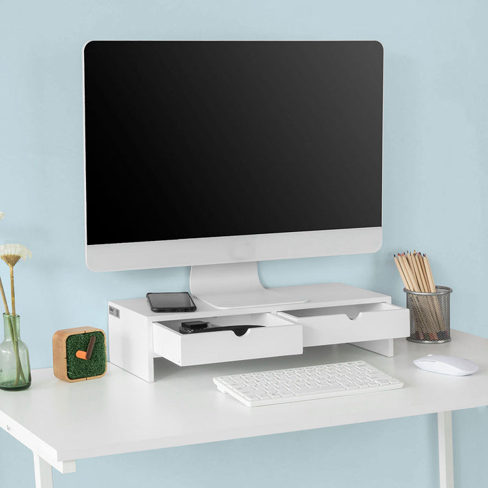 SoBuy | Supporto per monitor rialzato | Supporto per monitor con cassetti | Bianco | BBF02-W