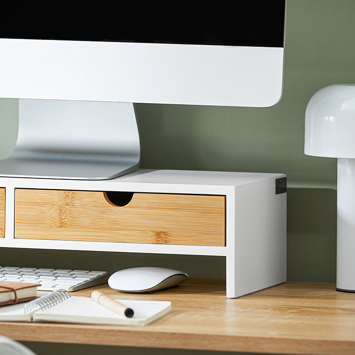 SoBuy | Support écran | Support de moniteur avec tiroirs | Blanc-Naturel | BBF02-WN