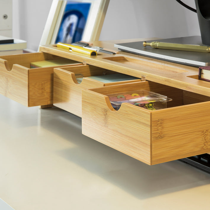 SoBuy | Rialzo per monitor | Supporto per monitor con 3 cassetti | Bambù | BBF03-N