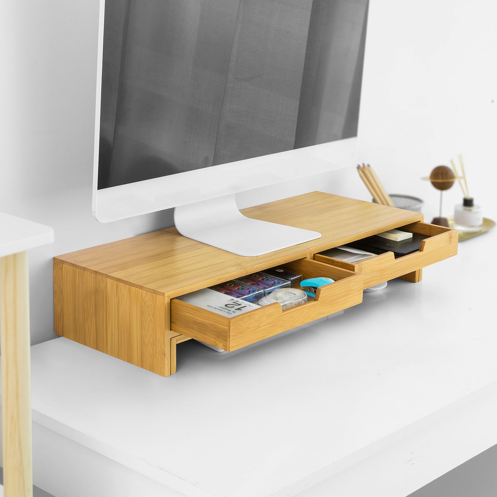 SoBuy | Design Monitorerhöhung für 2 Monitore | Monitorständer mit 2 Schubladen | Bambus | BBF04-N
