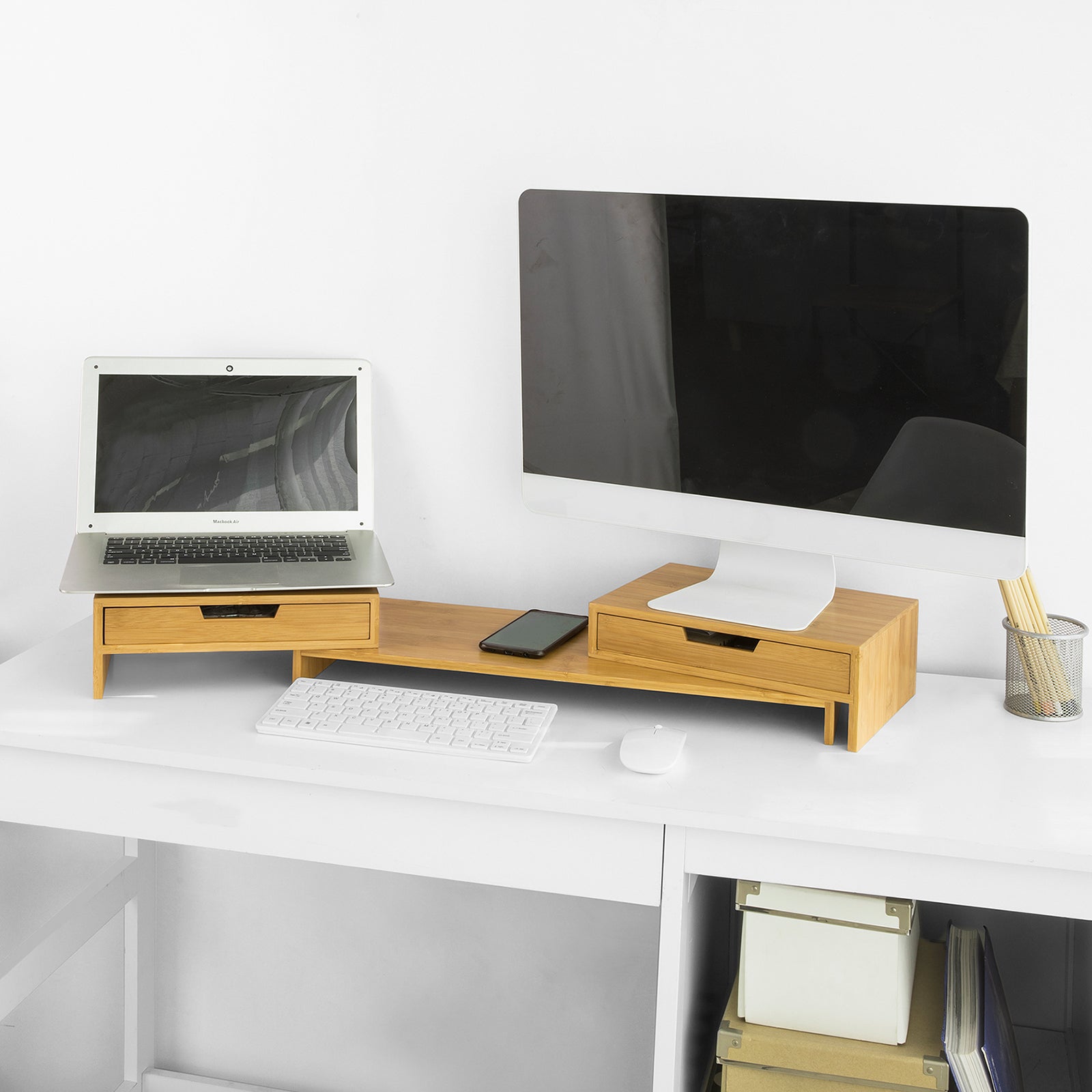 SoBuy | Design Monitorerhöhung für 2 Monitore | Monitorständer mit 2 Schubladen | Bambus | BBF04-N