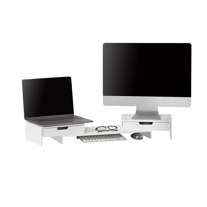 SoBuy | Supporto per Monitor doppio | Rialzo per Monitor da scrivania con 2 Cassetti | in bambù | BBF04-W