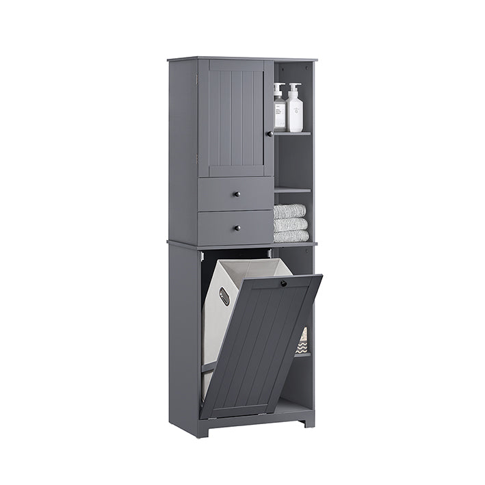 SoBuy | Colonna bagno con cesto portabiancheria | Mobiletto da bagno | Armadietto da bagno | Scaffale da bagno | Grigio scuro | BZR104-DG