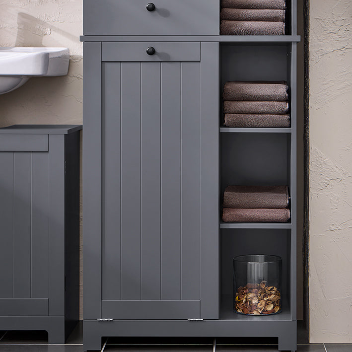 SoBuy | Colonna bagno con cesto portabiancheria | Mobiletto da bagno | Armadietto da bagno | Scaffale da bagno | Grigio scuro | BZR104-DG