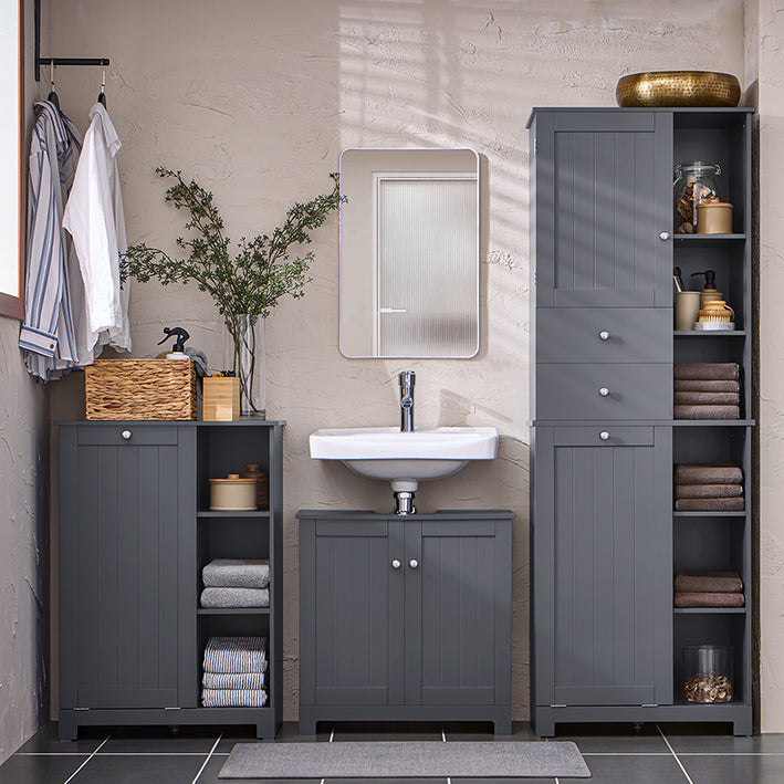 SoBuy | Colonna bagno con cesto portabiancheria | Mobiletto da bagno | Armadietto da bagno | Scaffale da bagno | Grigio scuro | BZR104-DG