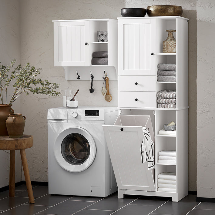 SoBuy | Armadietto alto | con cesto portabiancheria estraibile | Mobiletto bagno | Scaffale da bagno | Bianco | BZR104-W
