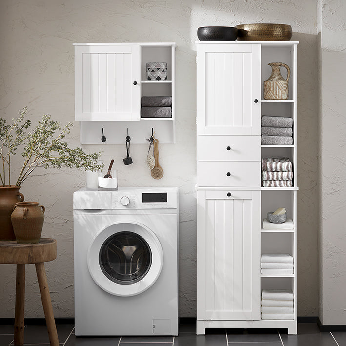 Prévente | SoBuy | Armoire haute | avec sac à linge pliable | Meuble de salle de bain | Étagère de salle de bain | Blanc | BZR104-W