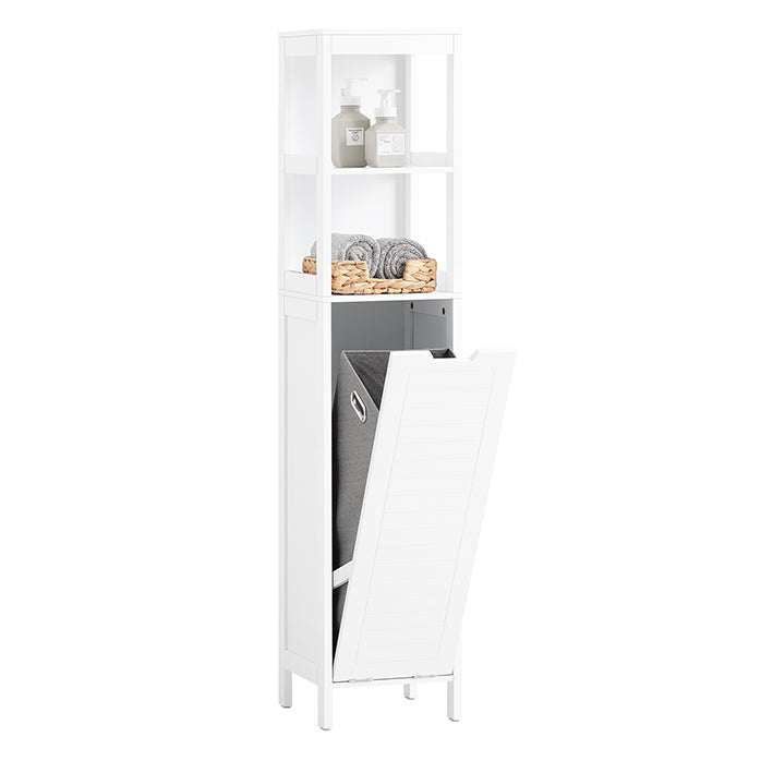 SoBuy | Armoire haute avec sac à linge | Meuble de salle de bain | Armoire à linge | Étagère de salle de bain | Blanc | BZR123-W