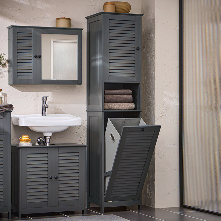 SoBuy | Armadietto alto con sacco portabiancheria estraibile | Armadietto portabiancheria stretto | Scaffale da bagno | Grigio scuro | BZR124-DG