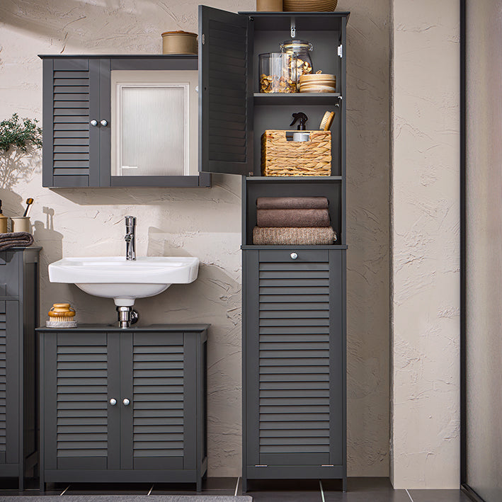 SoBuy | Armadietto alto con sacco portabiancheria estraibile | Armadietto portabiancheria stretto | Scaffale da bagno | Grigio scuro | BZR124-DG