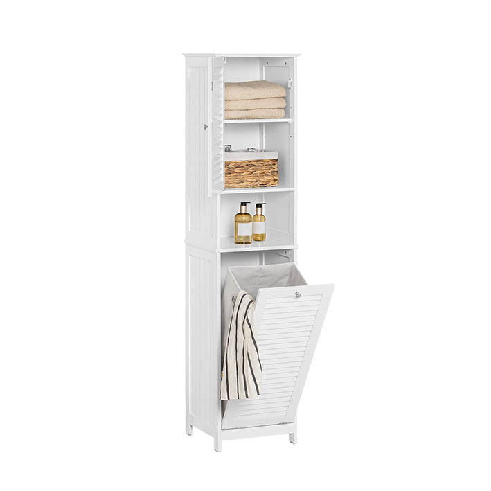 SoBuy | Armadio Alto | con Sacco Biancheria Pieghevole | Armadietto Lavanderia Stretto | Scaffale da Bagno | Bianco | BZR124-W