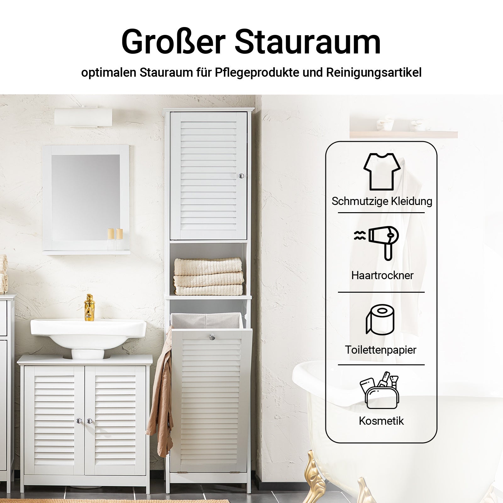 SoBuy | Armadio Alto | con Sacco Biancheria Pieghevole | Armadietto Lavanderia Stretto | Scaffale da Bagno | Bianco | BZR124-W