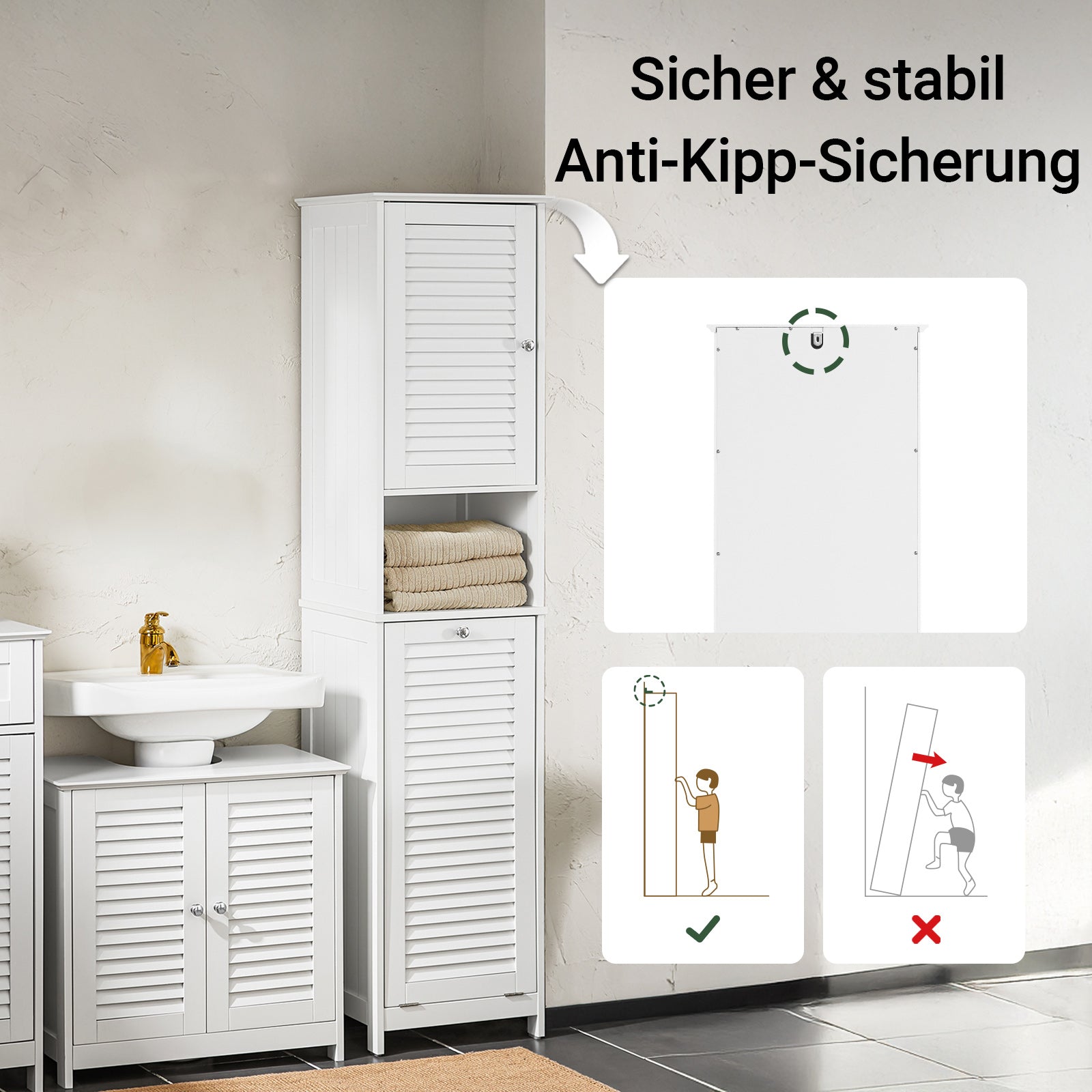 SoBuy | Armoire haute | avec sac à linge pliable | Armoire à linge étroite | Étagère de salle de bain | Blanc | BZR124-W