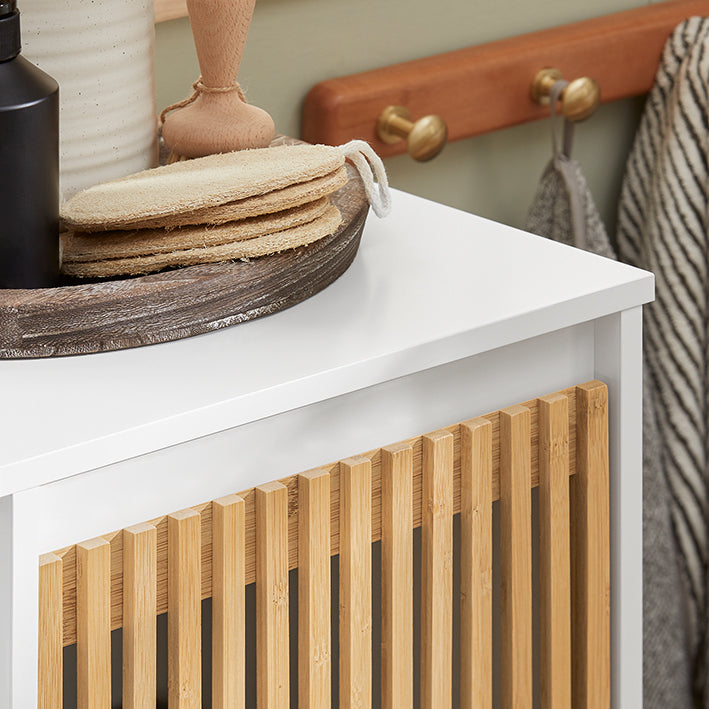 SoBuy | Armadietto da bagno con sacco per la biancheria a scomparsa | Portabiancheria | Mobiletto da bagno | Bianco-Naturale | BZR126-W
