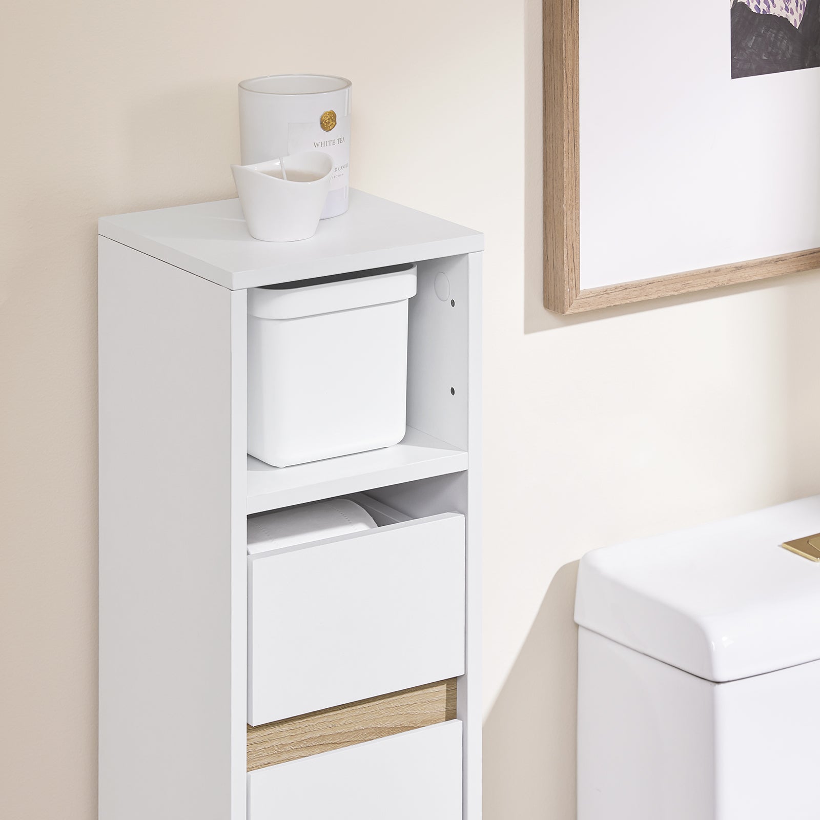 Prevendita | Mobile bagno SoBuy | per spazi stretti | Mobiletto da bagno con cassetto | 20x96x20 cm | BZR151-W