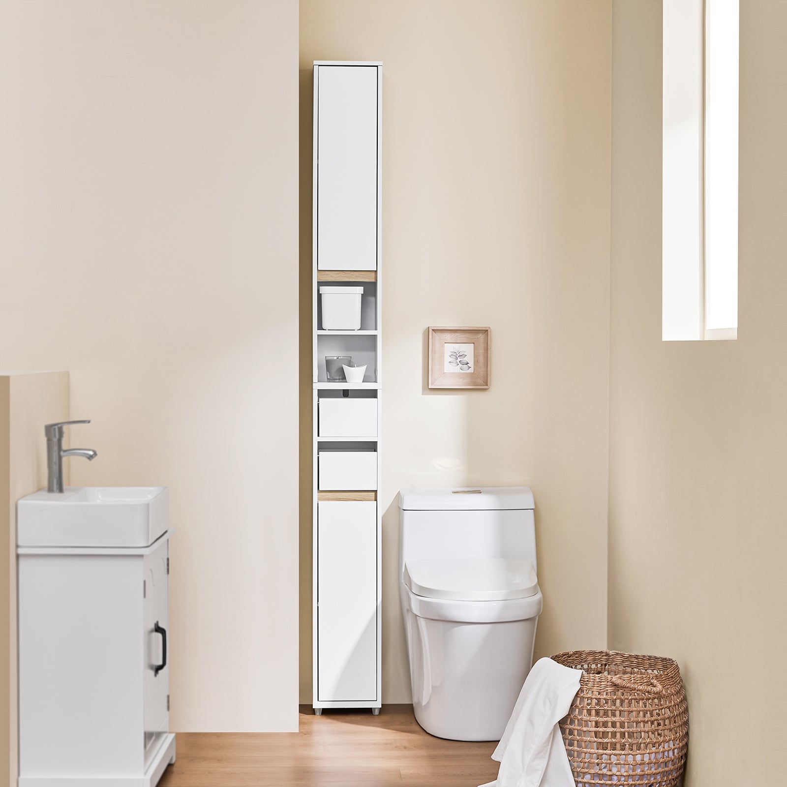 Prevendita | Mobile bagno SoBuy | per spazi stretti | Mobiletto da bagno con cassetto | 20x96x20 cm | BZR151-W