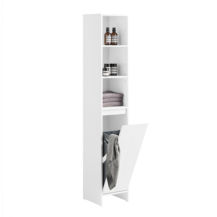 SoBuy | Armadio Alto con Sacco Portabiancheria | Armadietto da Bagno | Mobile Lavanderia | Scaffale da Bagno Bianco | BZR158-W