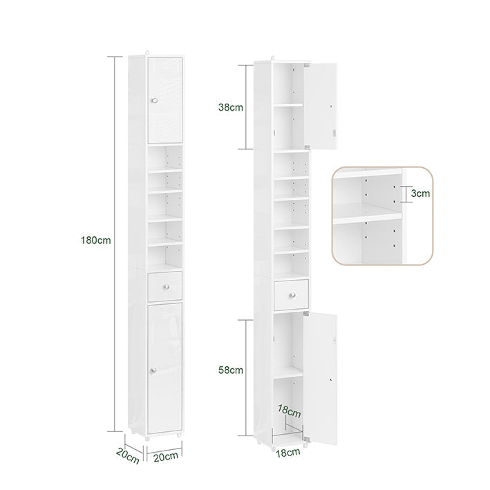 SoBuy | Mobile Alto da Bagno | con Ripiani Regolabili Stretto Lucido | Bianco | 20x180x20cm | BZR167-GW