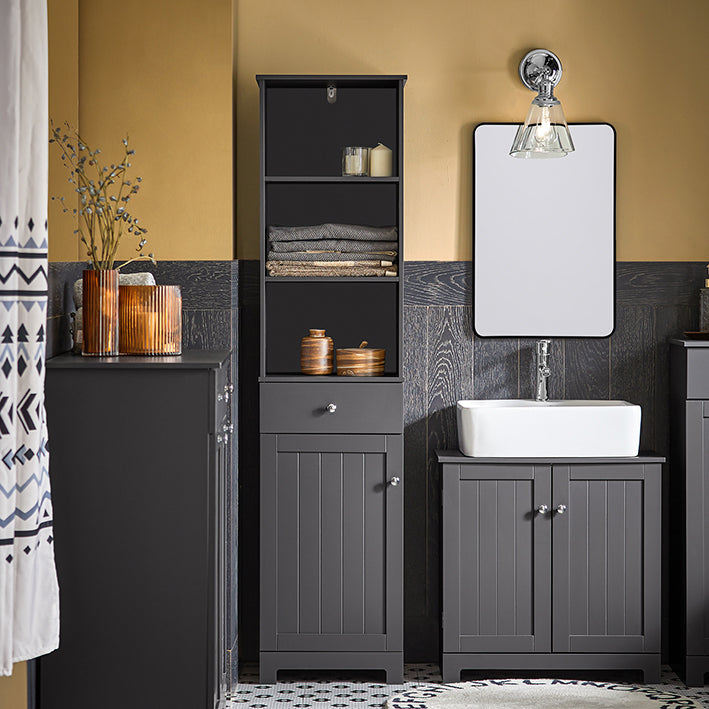 SoBuy | Armoire de salle de bain haute | Meuble de salle de bain | Étagère de salle de bain gris foncé | BZR17-DG
