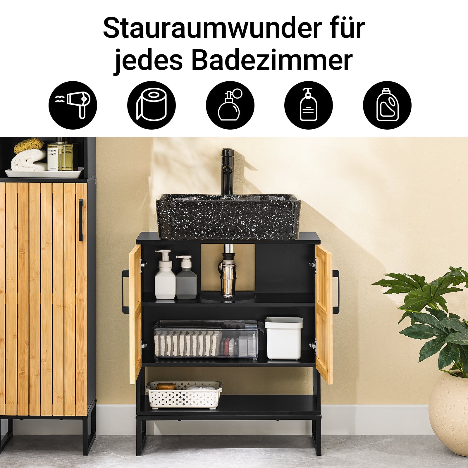 SoBuy | Mobile sottolavabo | Mobile bagno larghezza 60 cm | Nero | BZR202-SCH