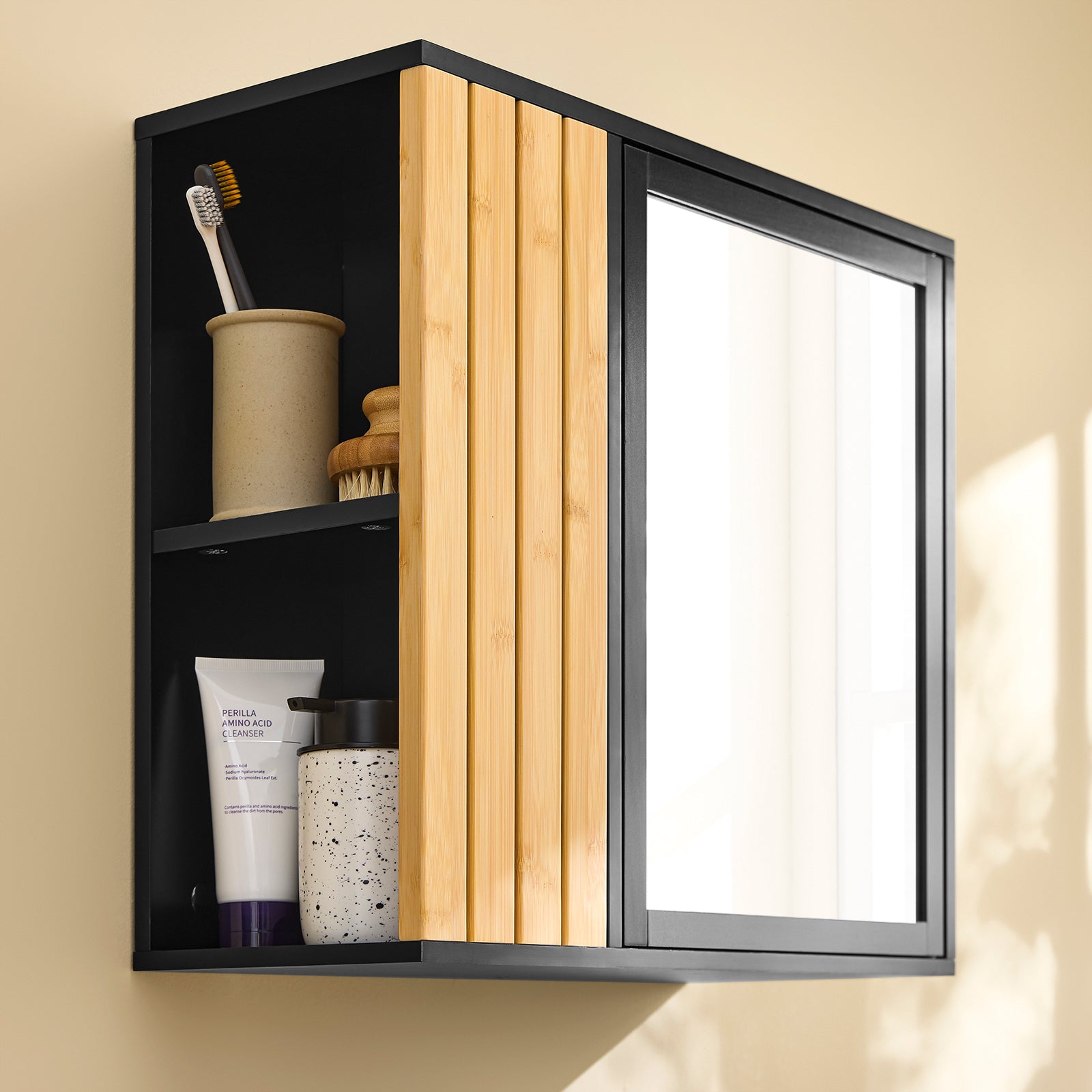 SoBuy | Meuble de salle de bain mural | avec miroir et compartiments latéraux | 50 x 20 x 45 cm | Noir | BZR204-SCH