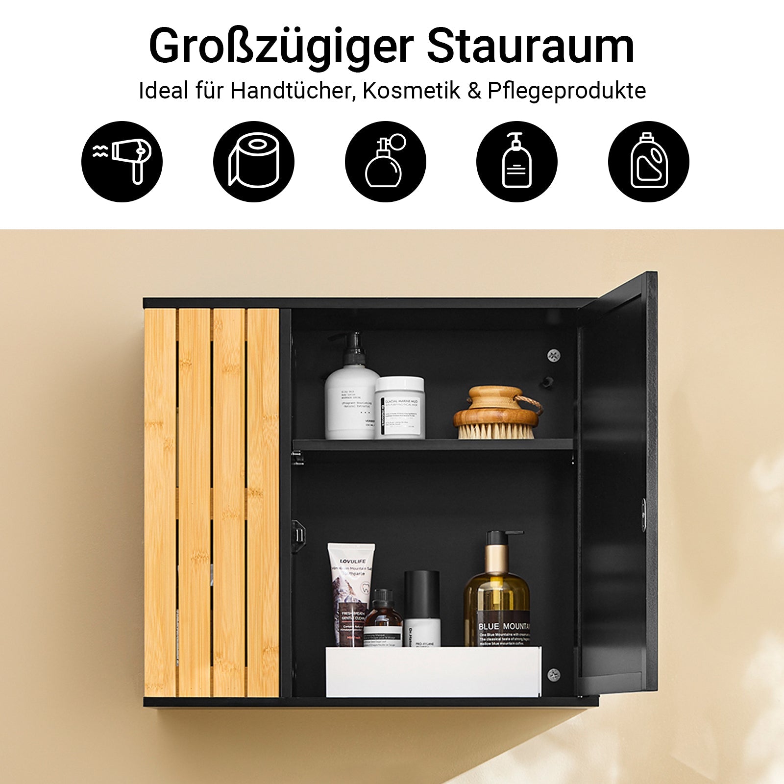 SoBuy | Armadietto da bagno a muro | con specchio e ripiani laterali | 50x20x45cm | Nero | BZR204-SCH