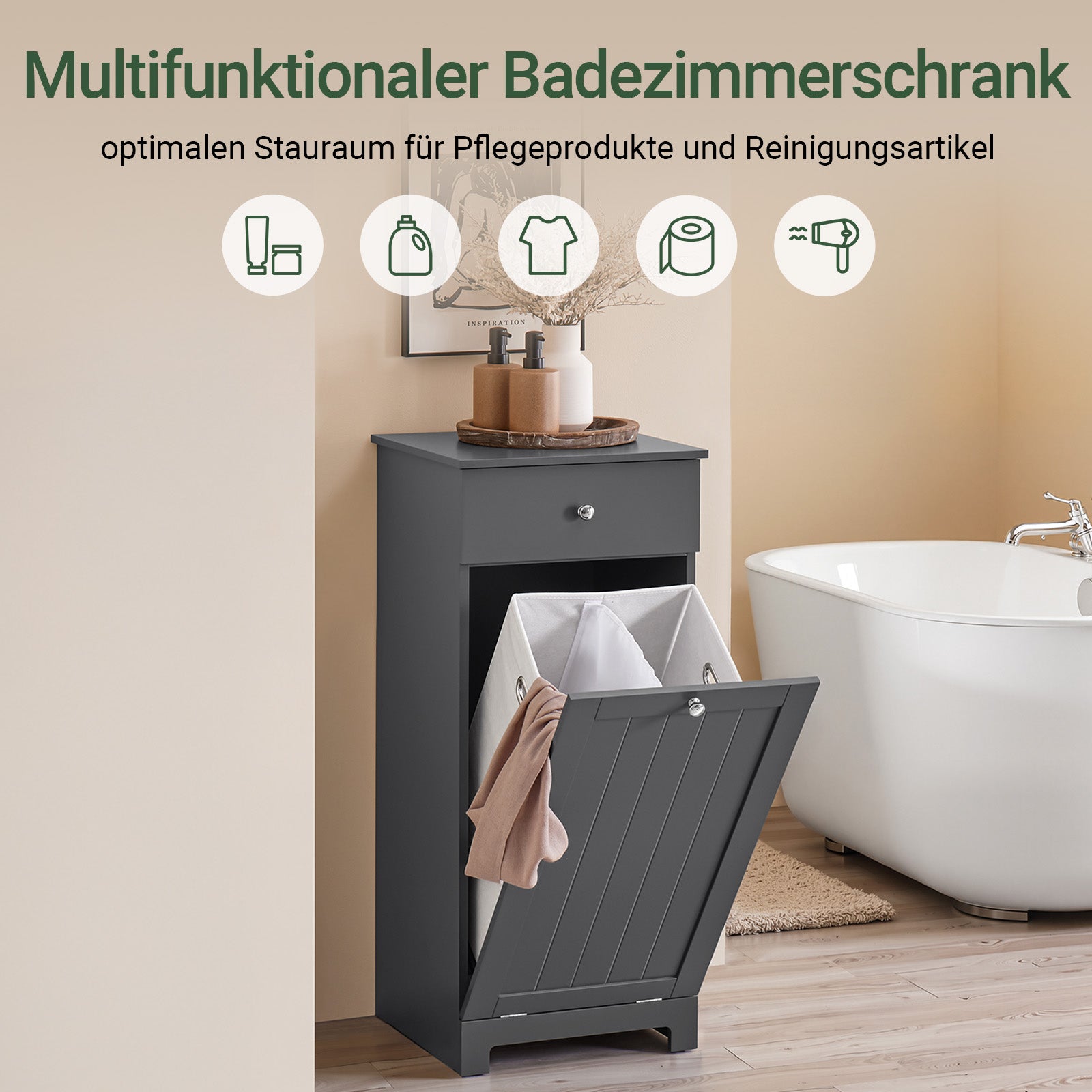 SoBuy | Armoire à linge avec sac à linge | Panier à linge | Panier à linge, gris foncé | BZR21-II-DG