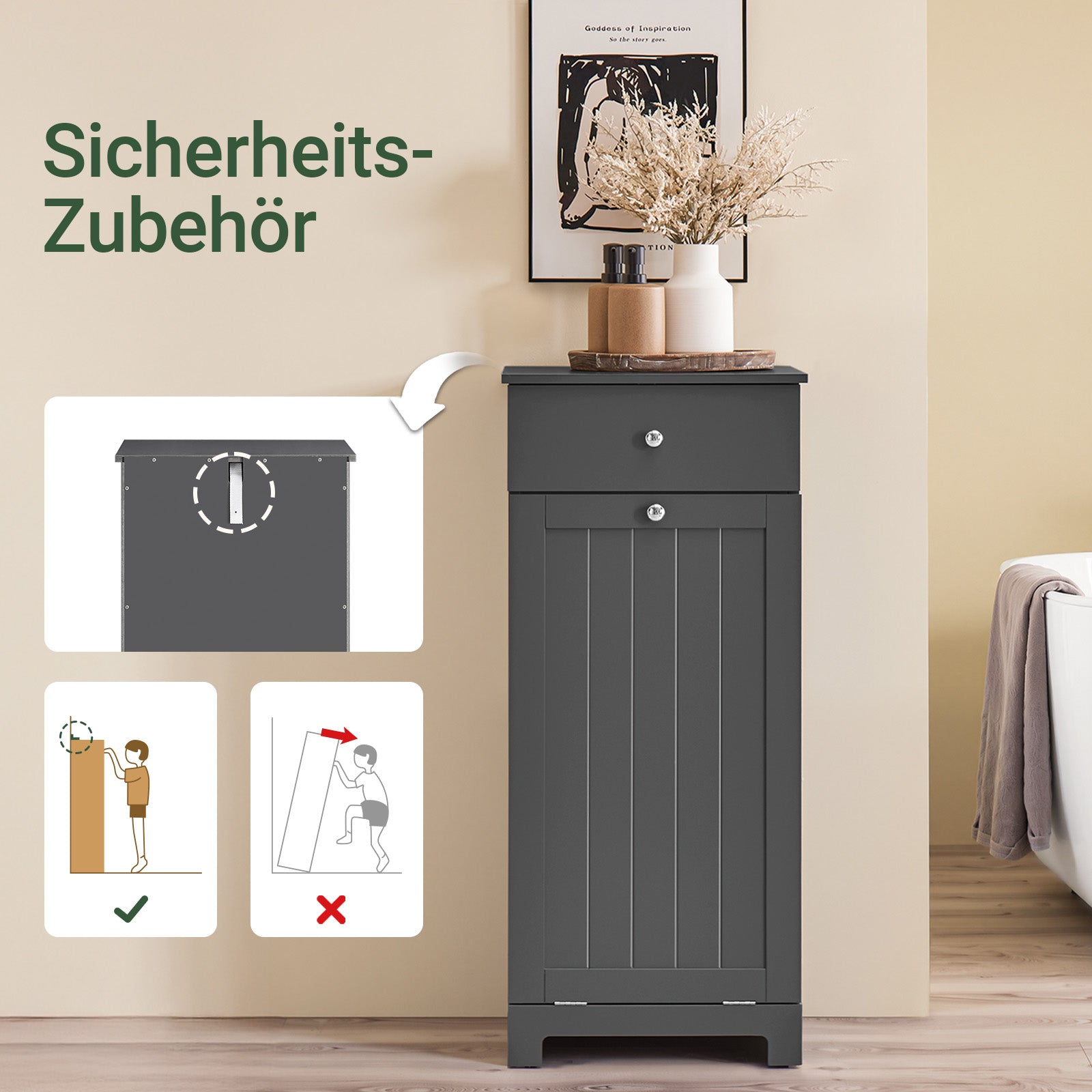 SoBuy | Armoire à linge avec sac à linge | Panier à linge | Panier à linge, gris foncé | BZR21-II-DG