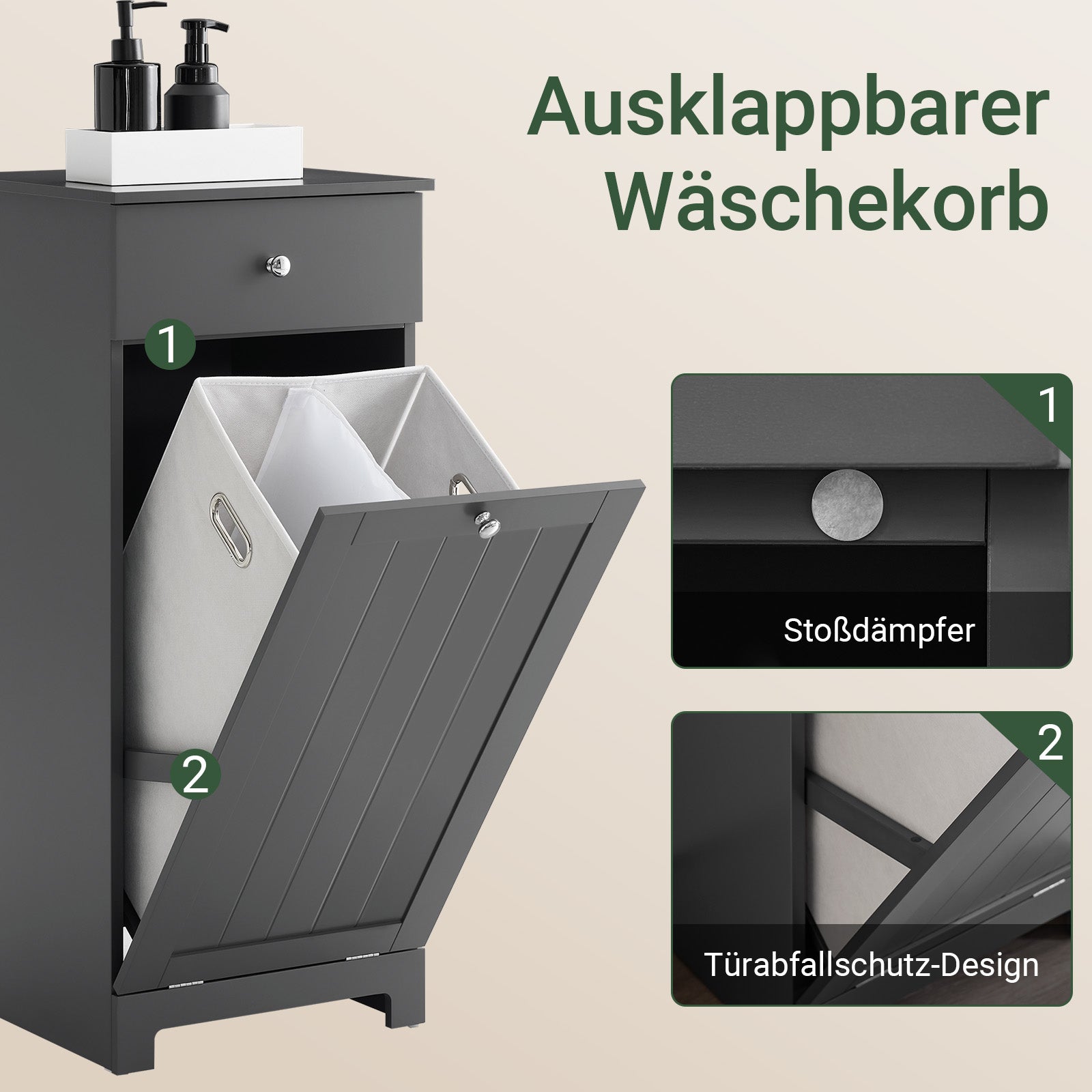 SoBuy | Armoire à linge avec sac à linge | Panier à linge | Panier à linge, gris foncé | BZR21-II-DG